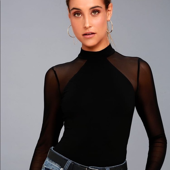 Lulus Tops - Black Mesh Long Sleeve Bodysuit